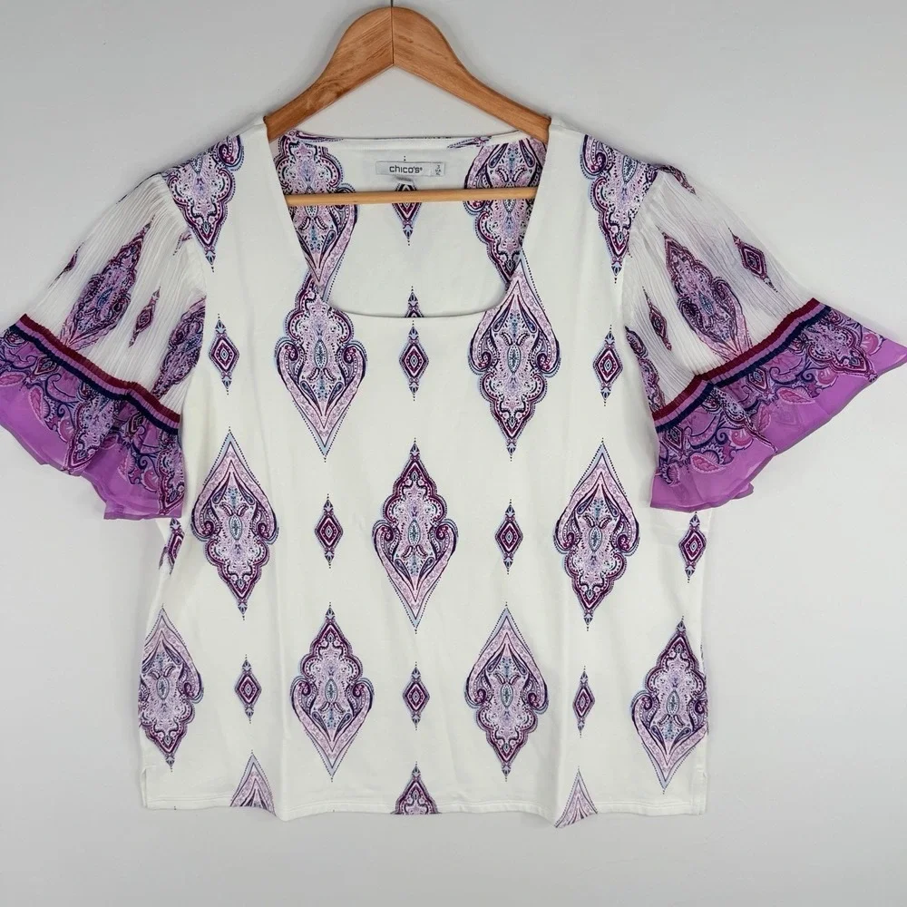 Chico's Knit Square Neck White Purple Paisley Chiffon Flutter Sleeve Top SZ-3-XL